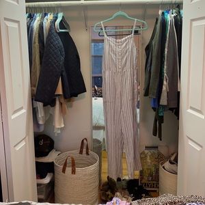 blue and white striped linen jumpsuit